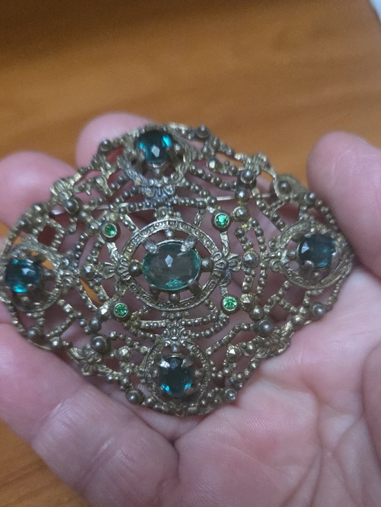 Source Unknown Jewelry - Vintage Czech Brass Filigree Brooch with Teal and Green Stones